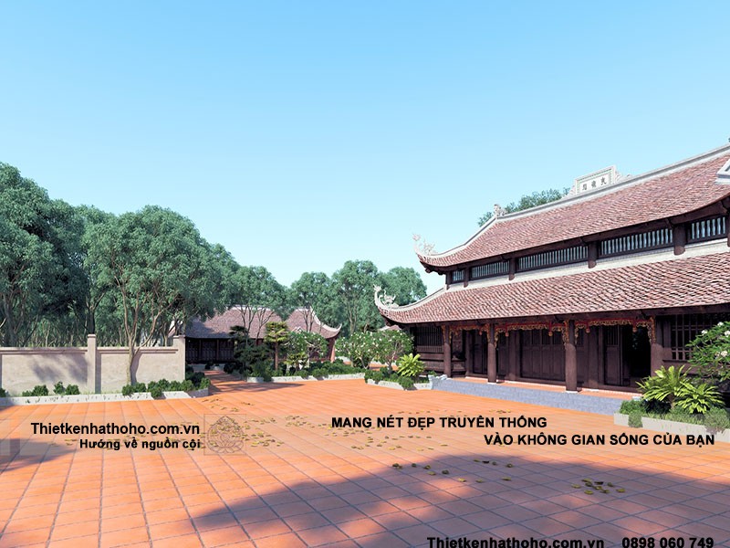 Phối cảnh góc tại vị trí sân trước trong tổng thể đồ án tư vấn thiết kế chùa Hạ..