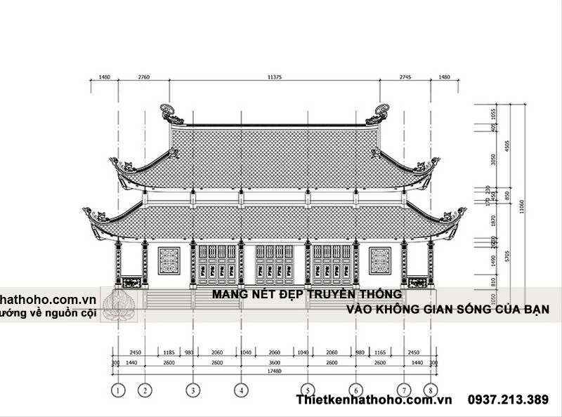 Mặt Đứng chính thiết kế chùa 8 mái