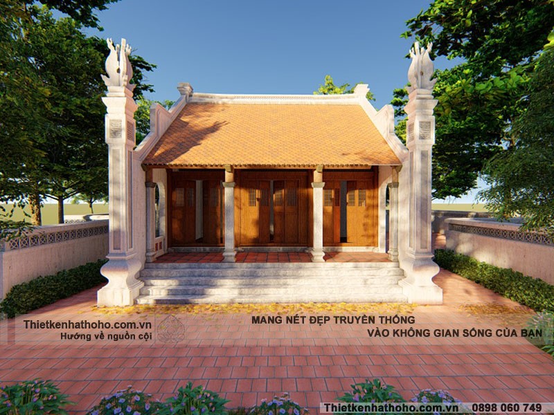 Hình ảnh mẫu thiết kế nhà từ đường có mái hậu cung, cột đồng trụ