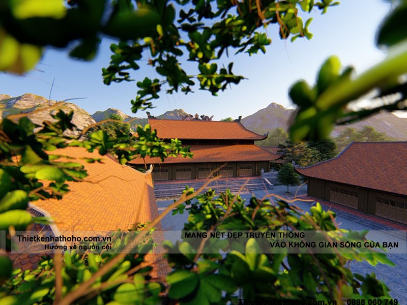 hình ảnh mái chùa hiện ra lấp ló sau tán cây tại chùa Minh Linh