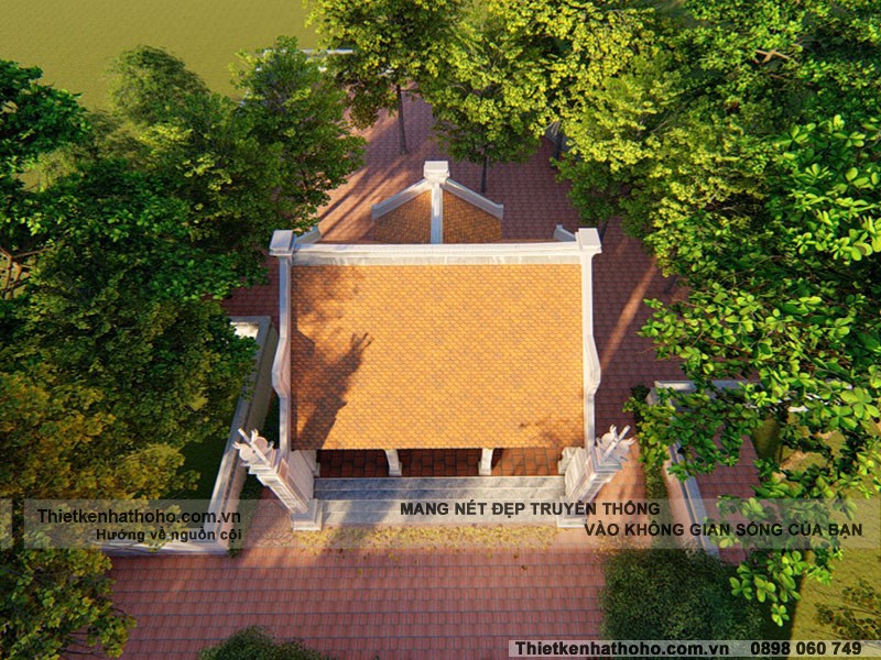 Góc nhìn từ trên nhìn xuống của mẫu nhà thờ họ 3 gian 2 mái có hậu cung của dòng họ Trần