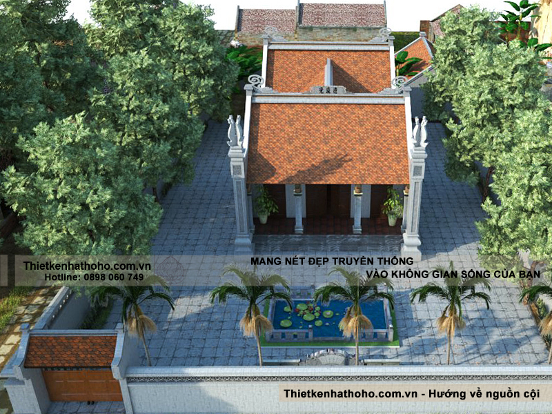 phối cảnh mẫu nhà từ đường 3 gian 2 mái hình chữ Công tại Bắc Ninh