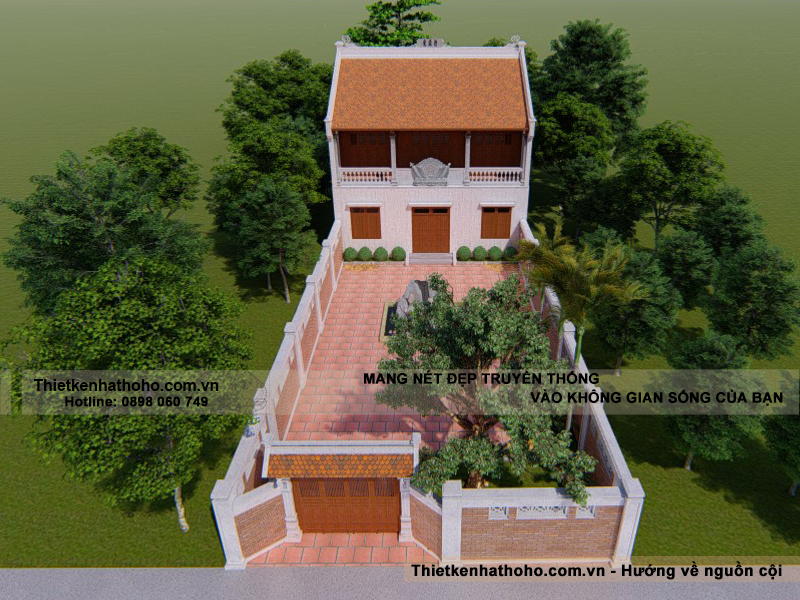 tổng thể góc nhìn nhà thờ tổ 3 gian 2 mái 2 tầng tại Hưng Yên