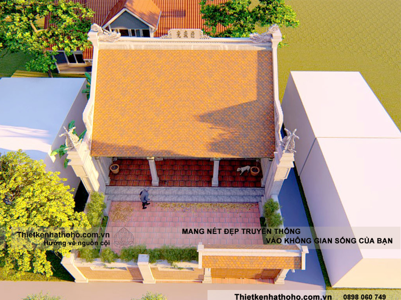 Phối cảnh từ trên nhìn xuống của mẫu nhà thờ họ 3 gian 2 mái của dòng họ Nguyễn