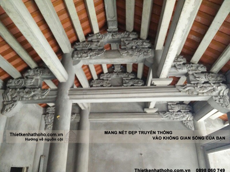 Hệ vì kèo bê tông sơn giả gỗ của nhà từ đường 2 mái